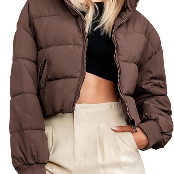 Women's Winter Cropped Puffer Jacket Long Sleeve Oversized Stand Collar Zip-Up Short Coat