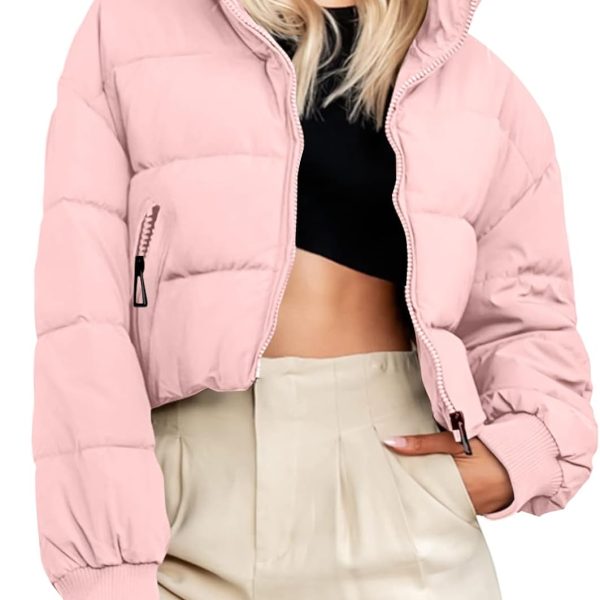 Women's Winter Cropped Puffer Jacket Long Sleeve Oversized Stand Collar Zip-Up Short Coat