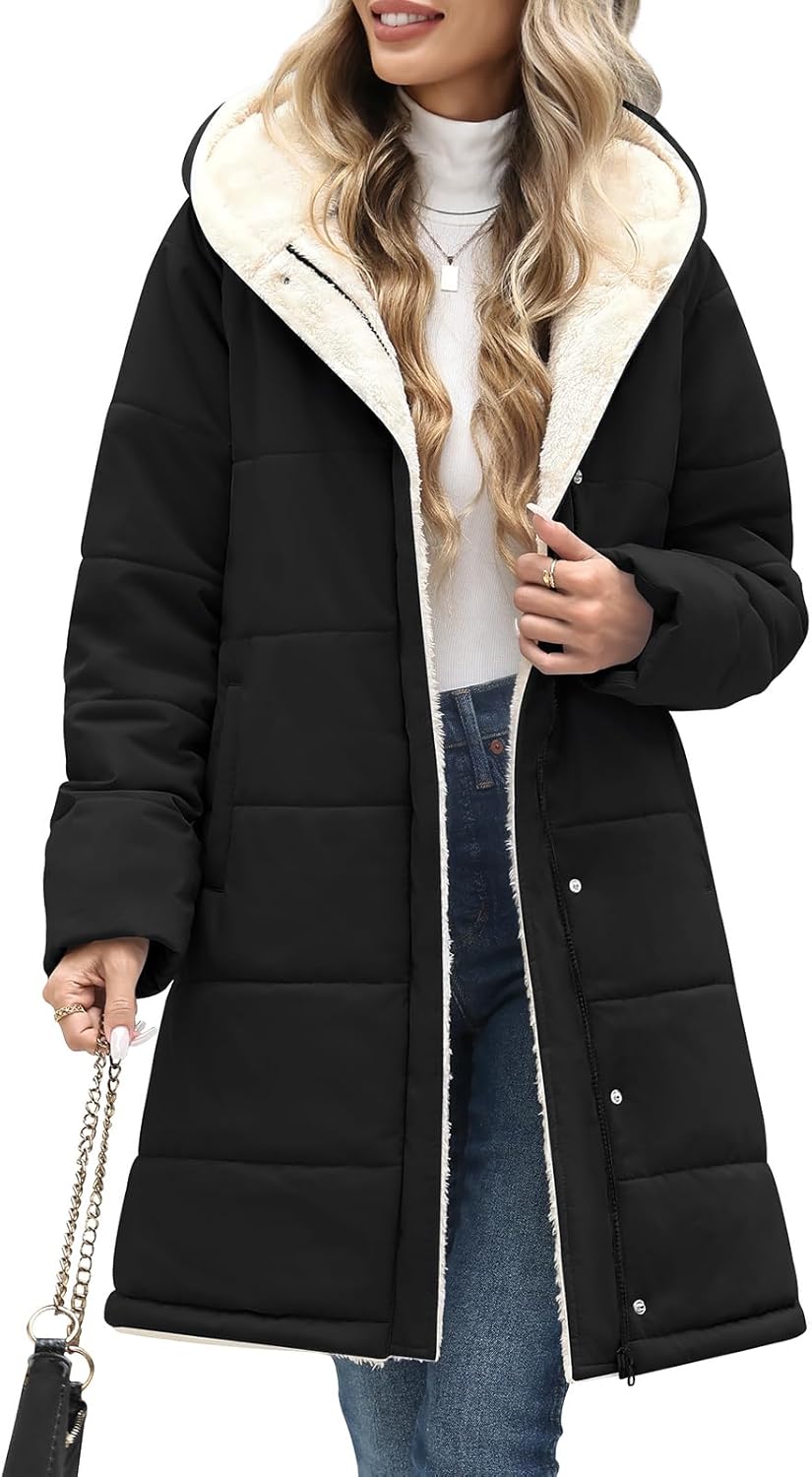 Women Winter Down Coat Fleece Long Warm Jacket Hooded Parka Puffer Coat Padded Fashion Outerwear