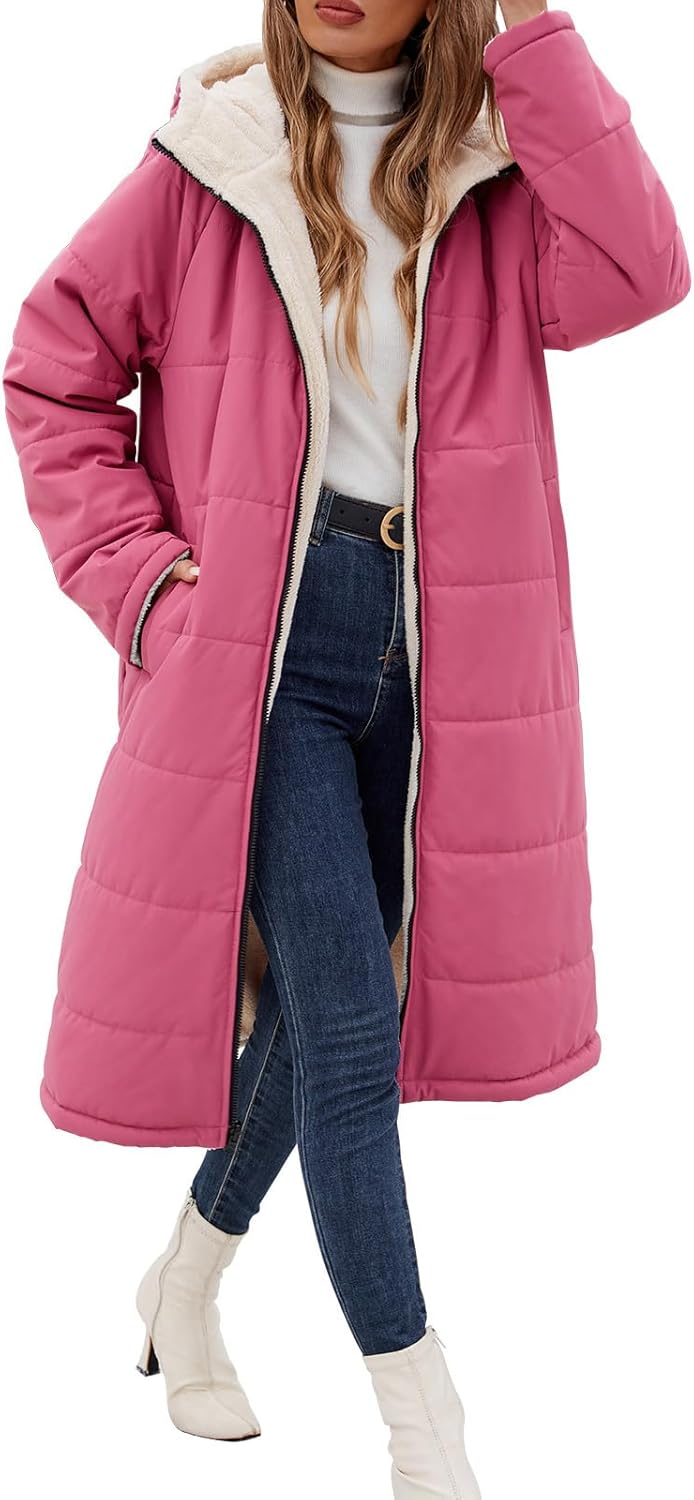 Long Womens Winter Coat Fleece Lined Coats Sherpa Quilted Puffer Jackets with Hood Zip Warm Thicken Outwear