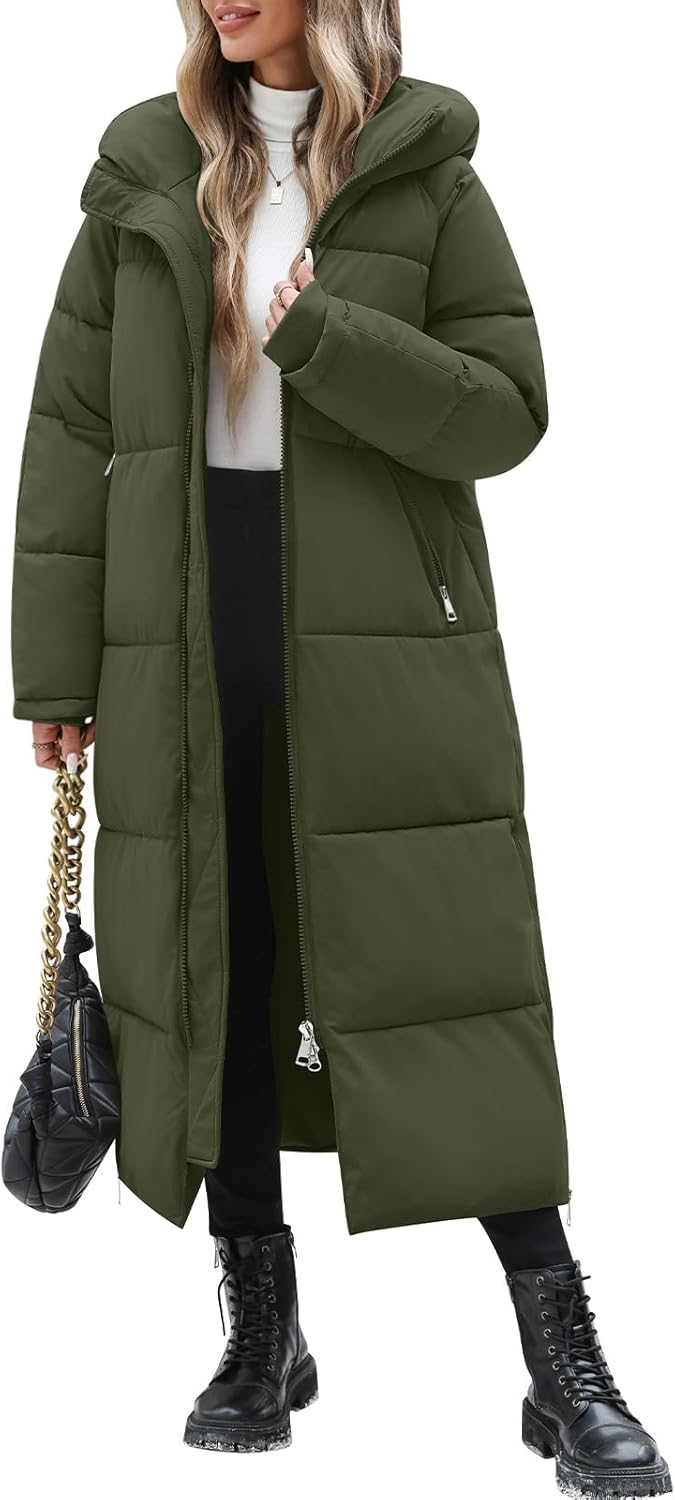 Womens Long Winter Puffer Coat Quilted Jackets Warm Hooded Coat Maxi Length Parka Down Thick Outerwear Side Zip Slit