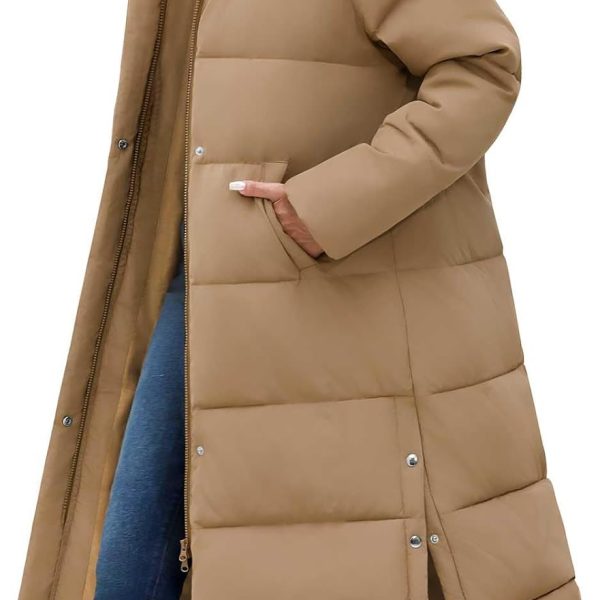 Women Long Puffer Down Coat Thickened Quilted Padded Jacket Winter Warm Zip Parka Removable Hood Buttoned Slit Hem