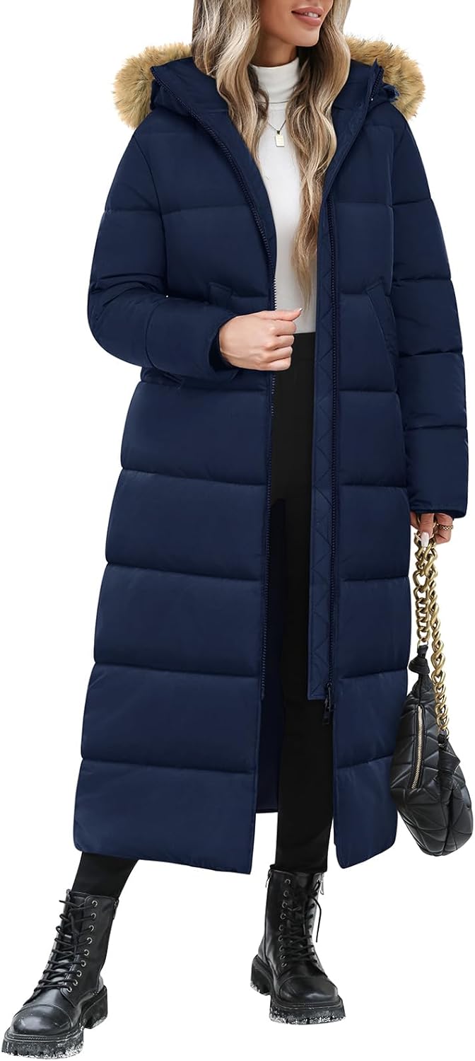 Long Winter Puffer Coat for Women Winter Faux Fur Quilted Jackets with Detachable Hood Maxi Length Zip Outerwear