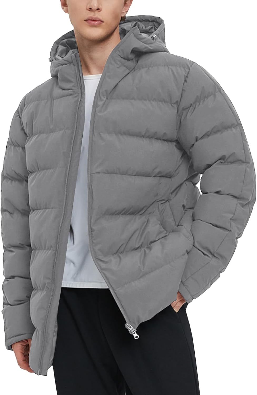 Mens Hooded Puffer Jacket Insulated Winter Waterproof Warm Coat Zipper Down Quilted Jackets