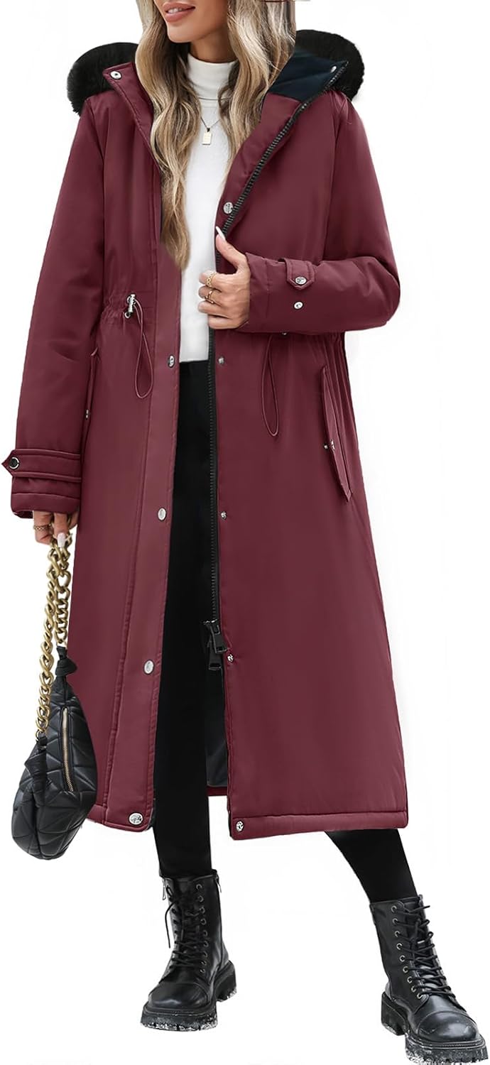 Long Winter Puffer Coat for Women Warm Winter Faux Fur Jacket with Detachable Hood Maxi Length Zipper Outerwear