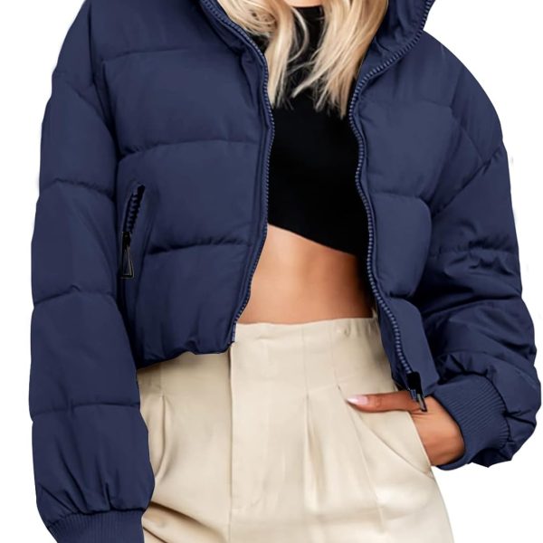 Women's Winter Cropped Puffer Jacket Long Sleeve Oversized Stand Collar Zip-Up Short Coat