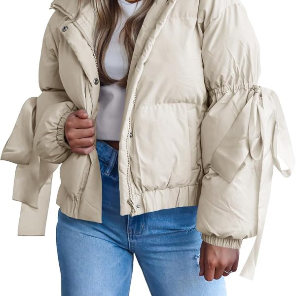 Womens Bow Puffer Jacket Winter Warm Cropped Quilted Jackets Baggy Short Down Coats