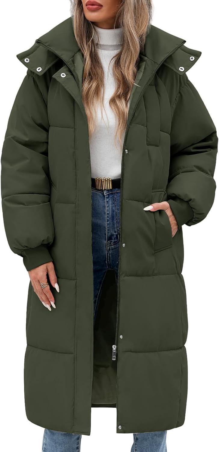 Women's Winter Jacket Long Puffer Coat Hooded Warm Parka Down Jackets Coats Zip Up Outerwear with Decorative Pockets