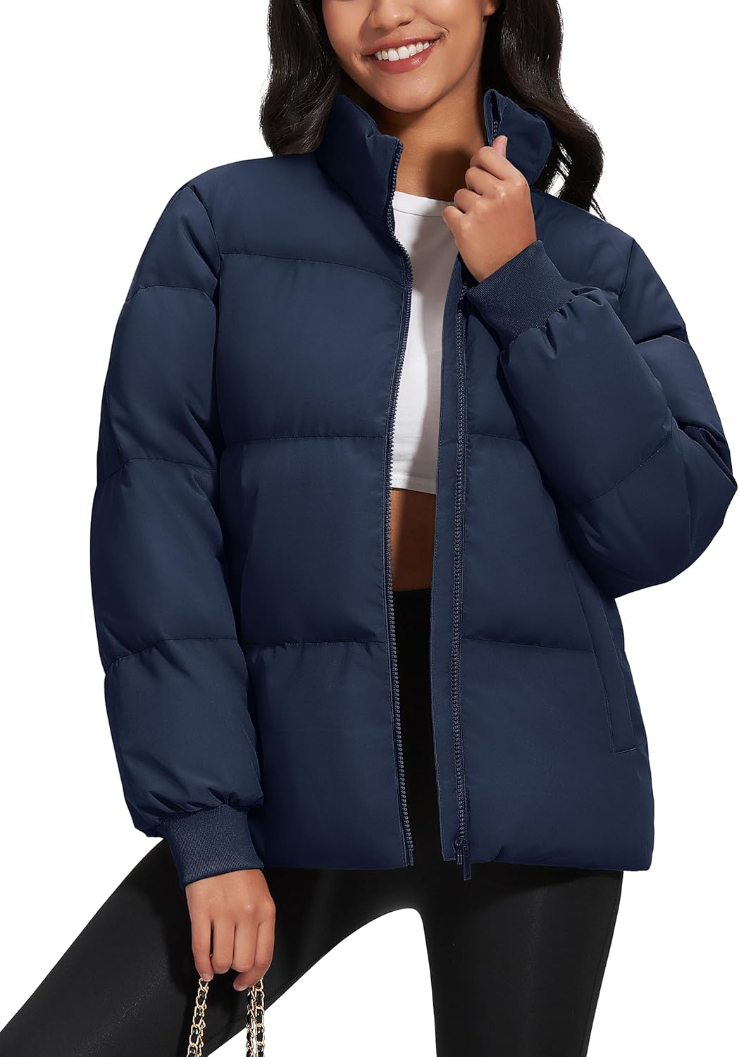 Women's Winter Down Puffer Jackets Stand Collar Zip Up Water Resistant Warm Padded Quilted Coat with Pockets
