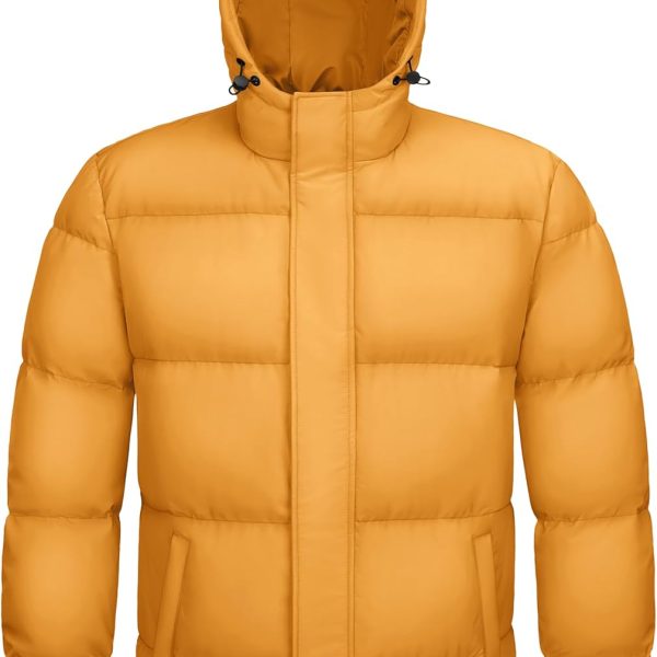 Mens Hooded Down Jacket Water Resistant Puffer Jacket Full Zip Up Windproof Winter Jacket with Zip Pockets