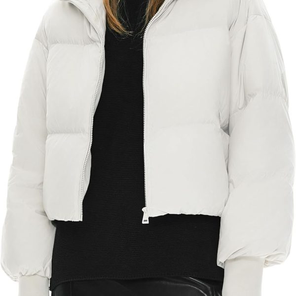 Women's Winter Oversized Cropped Puffer Jacket Zip Up Short Down Coat Stand Collar Baggy Overcoat