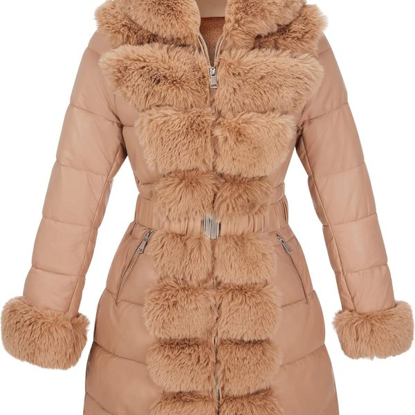 Women Winter Fur Lined Coat,Puffer Jacket with Long Fur Trim Hooded,Warm Leather Bubble Overcoat Cold-resistant